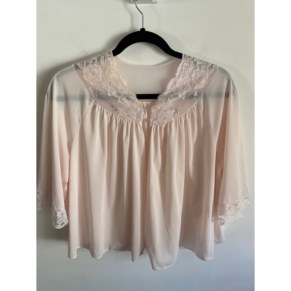 Vintage Shadowline Pink Nylon Bed Jacket Lace Floral Embroidery Medium Womens